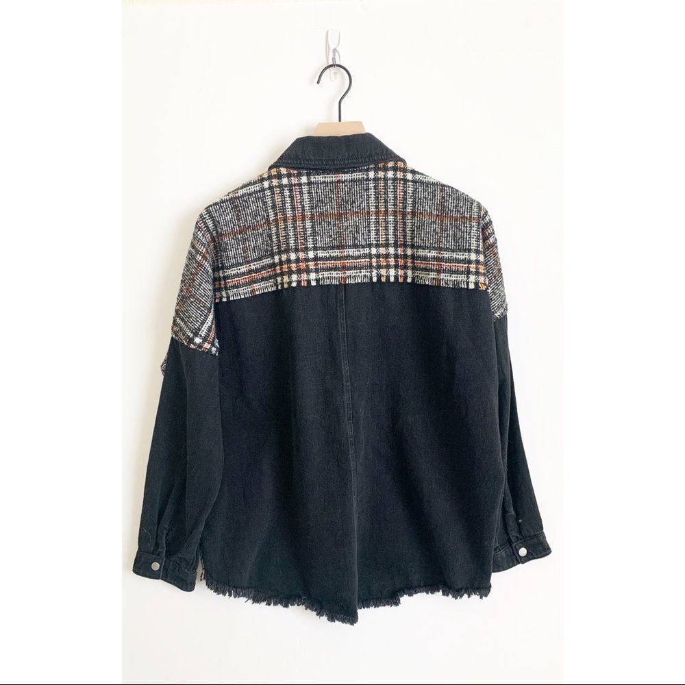 Zara Denim Oversized Jacket Fray Hem Snap Front Plaid Black Size S - Picture 6 of 9